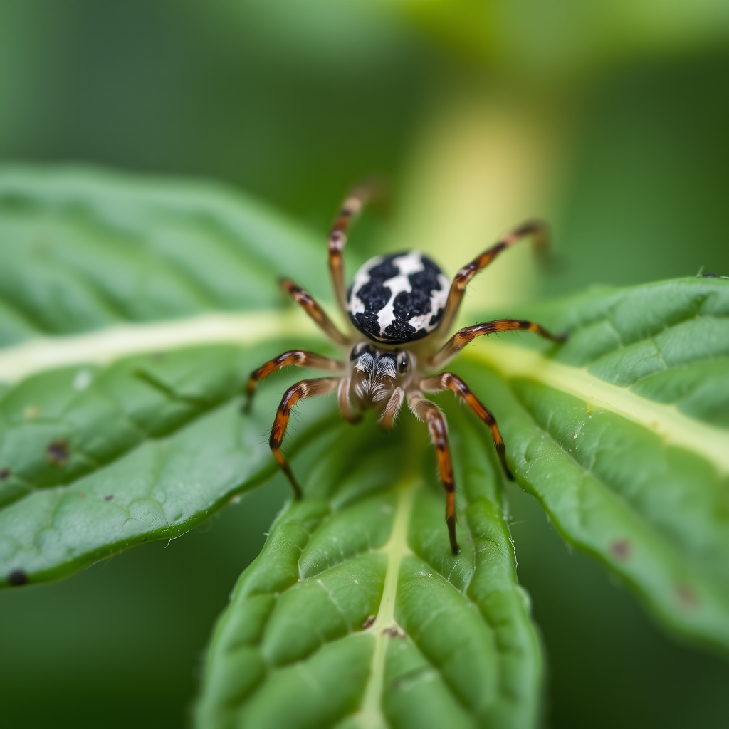 macro shot of a spider on green leaves with a shallow depth of field, f/2.8, ISO 100, 1/200 sec, 100mm macro lens, natural lighting, captured from an overhead angle to emphasize the spider's details and texture.