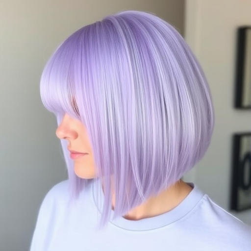 Pastel lavender bob with blunt ends and micro bangs, named "Lilac Dream," featuring a smooth, glass-like texture and hidden peek-a-boo panels of periwinkle underneath