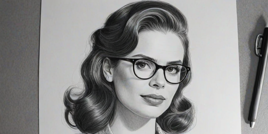 Gorgeous Hayley Atwell, pencil sketch, portrait of Lovely woman 1940s in glasses, hair style beatnik, outline, clear lines, fine lines, 8k