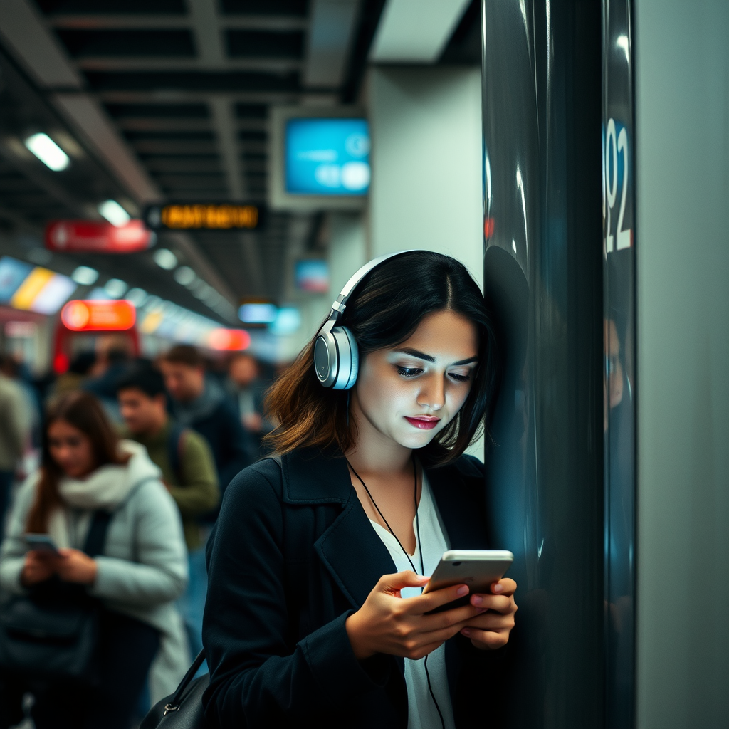 Bustling metro station during rush hour, a woman leans against a pillar, headphones in her ears, her face illuminated by the soft glow of her phone screen.