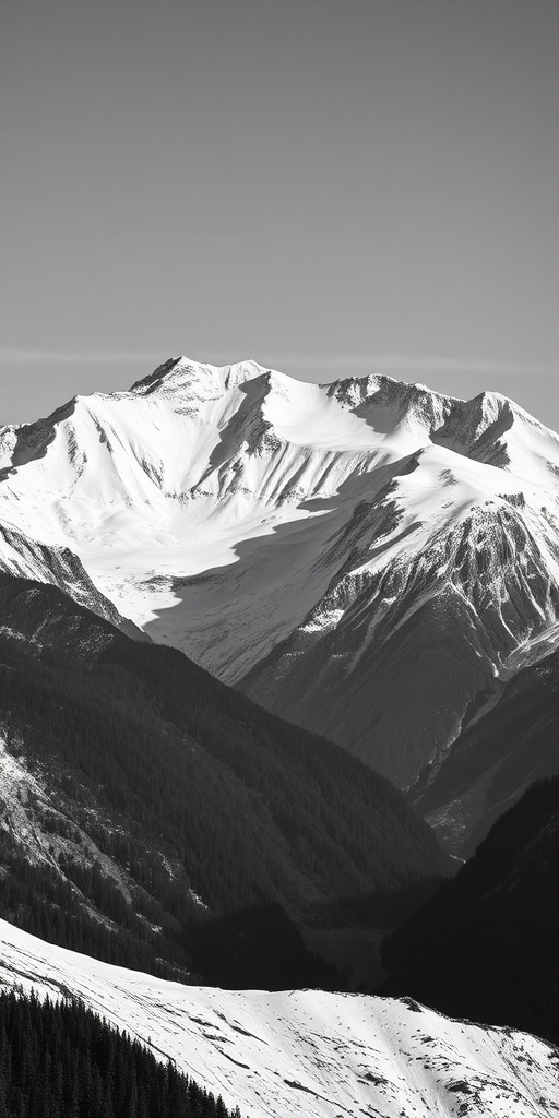 black and white landscape photography of majestic snow-capped mountains with dramatic lighting and shadows, taken with a Canon EOS R5, 24mm lens, aperture f/8, ISO 100, shutter speed 1/200 sec, wide-angle view, high dynamic range, crisp details and contrast