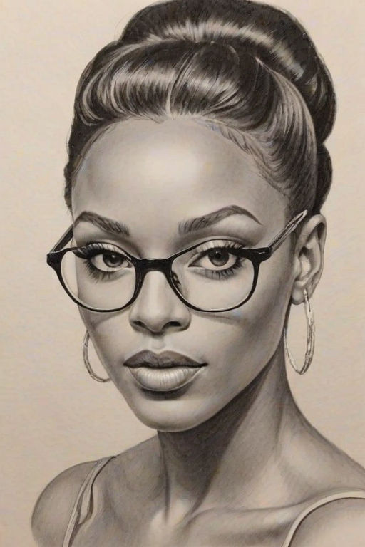 Stunning Dawn Richard, pencil sketch, portrait of Lovely woman 1955s in glasses, hair style beatnik, outline, clear lines, fine lines, 8k