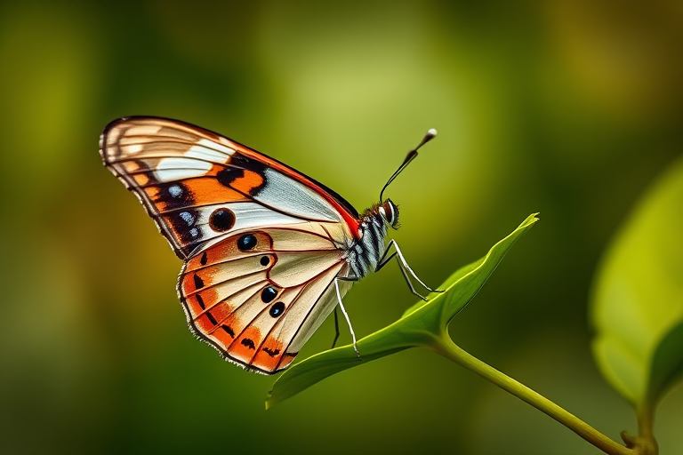 Capture a detailed close-up of a butterfly perched on a green leaf using a DSLR camera, 100mm macro lens, aperture f/2.8, ISO 200, and a soft bokeh background to enhance sharpness and color vibrancy.