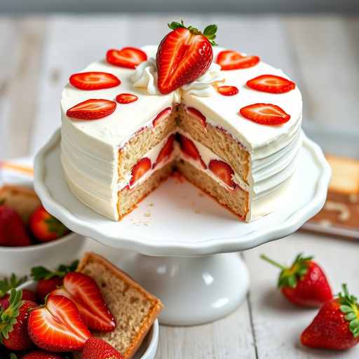 A beautifully decorated white cake with a slice removed revealing a filling of strawberries and cream topped with a whole strawberry and whipped cream on a white pedestal plate surrounded by additional cake slices and fresh strawberries in a bowl.