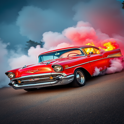 Classic red 1957 Chevy car with smoke and flames in dynamic action pose, shot with a DSLR camera at f/8, ISO 100, 24mm lens, wide-angle view to enhance depth and detail, vibrant colors and sharp focus for high-quality image.