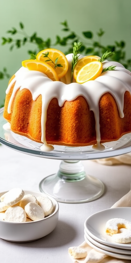 A beautifully decorated bundt cake with a smooth white glaze dripping down the sides topped with bright yellow citrus slices and green sprigs, displayed on a clear glass cake stand, accompanied by a bowl of powdered sugar cookies and a light patterned cloth, with a soft green background and greenery in the background.