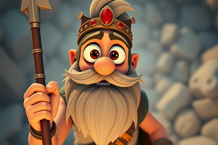Regenerate a cartoon-style character with large googly eyes and an exaggerated beard, holding a spear, using a Canon EOS R5, f/2.8 aperture, ISO 100, 50mm lens, top-down view, vibrant colors, high contrast, and sharp focus.