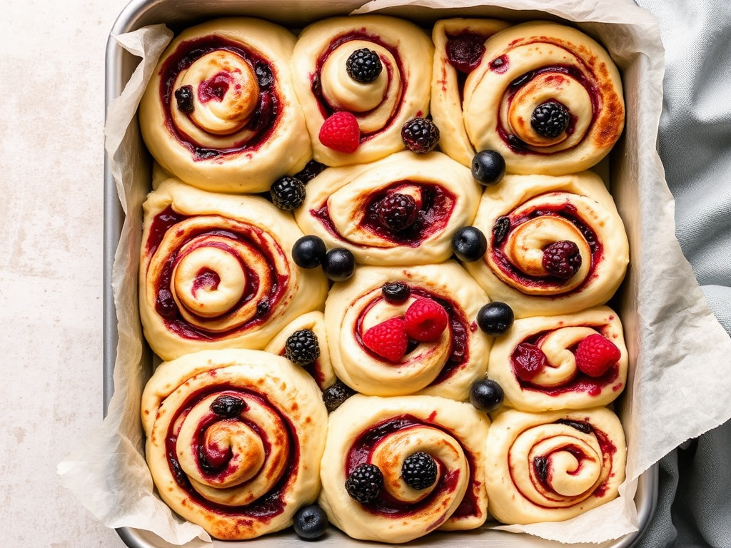 A baking tray filled with freshly rolled berry cinnamon rolls featuring swirls of dough and a mix of blueberries, blackberries, and raspberries, arranged neatly in a square metal tray with parchment paper lining, showcasing a light and fluffy texture, with a soft gray cloth draped beside the tray.
