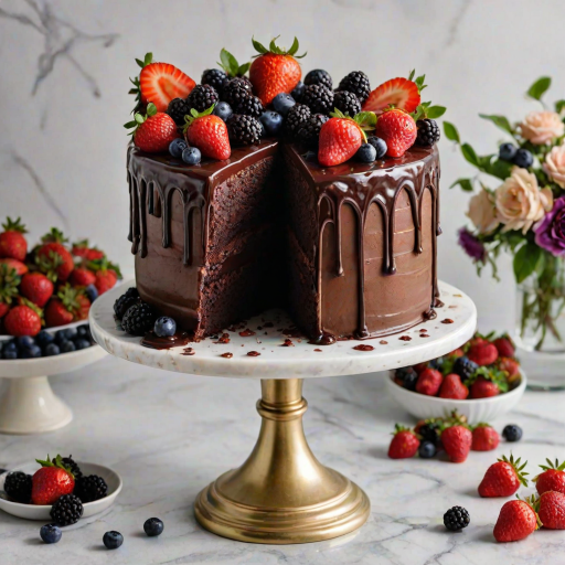 Generate an image of a decadent chocolate cake with a smooth, glossy chocolate ganache dripping down the sides. The cake is topped with an assortment of fresh berries, including strawberries, raspberries, blackberries, and blueberries. It is presented on a marble cake stand with floral arrangements and additional berries surrounding it for an elegant touch.