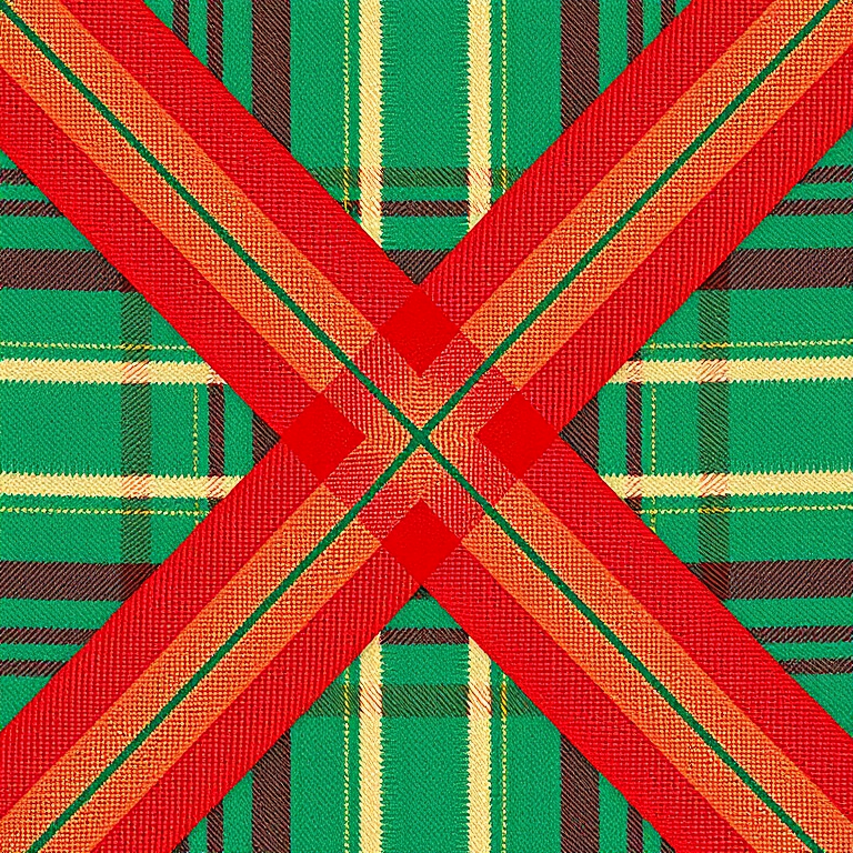 Create a high-resolution abstract image of a plaid pattern with vibrant colors including red, green, and beige, using a DSLR camera at f/8, ISO 200, and 50mm lens, captured from a straight-on view with soft focus for a modern artistic effect.
