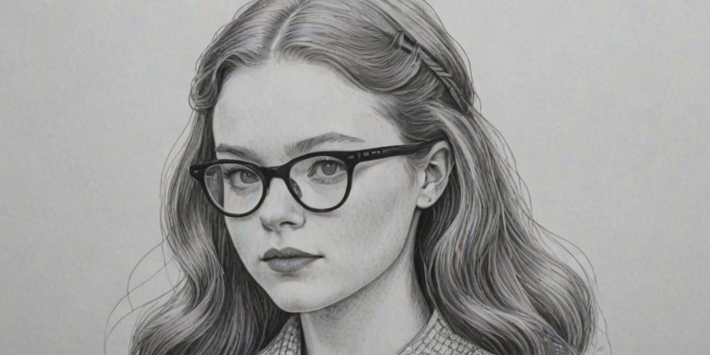 Bewitching Sadie Sink, pencil sketch, portrait of Fascinating woman 1944s in glasses, hair style beatnik, outline, clear lines, fine lines, 8k