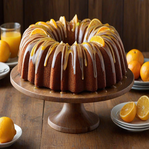Create an image of a beautifully designed bundt cake on a wooden pedestal. The cake should have a golden-brown exterior and be topped with a glaze that drips down the sides. Decorate the top with thinly sliced citrus fruits like oranges and lemons for a fresh look. Include a warm, rustic background to enhance the inviting feel of the dessert.