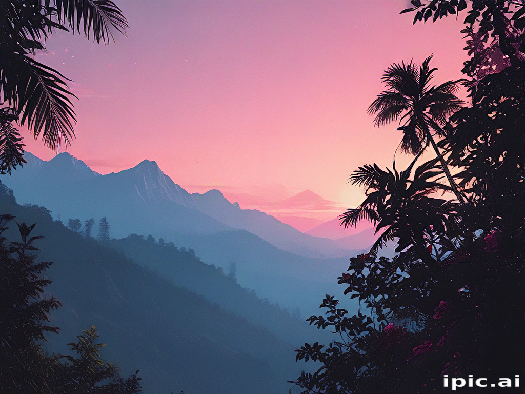 Serene Mountain Landscape at Dusk with Vibrant Colors and Lush Foliage