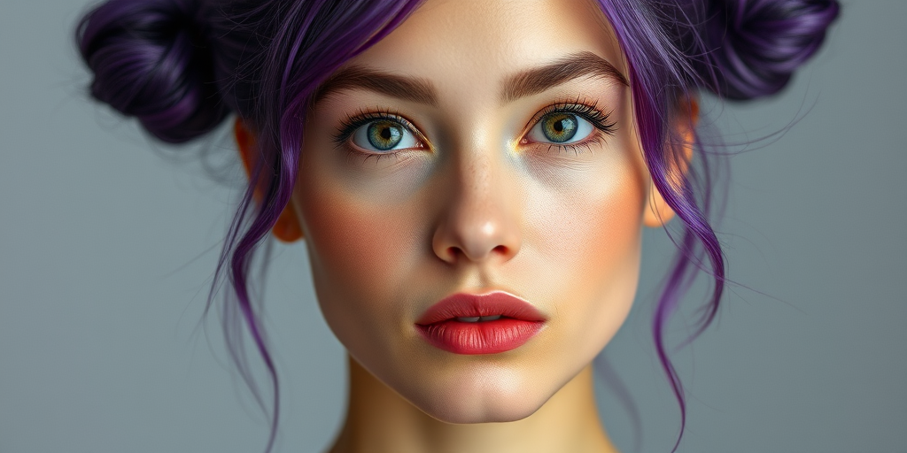 portrait of a young woman with purple hair styled in buns, natural makeup, neutral expression, studio lighting, f/1.8 aperture, 85mm lens, ISO 100, soft focus background, high-resolution digital photography