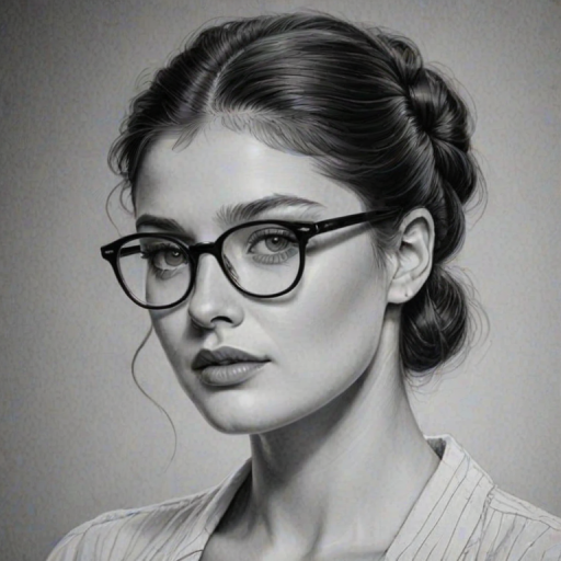 Stunning Eve Hewson, pencil sketch, portrait of Ravishing woman 1941s in glasses, hair style beatnik, outline, clear lines, fine lines, 8k