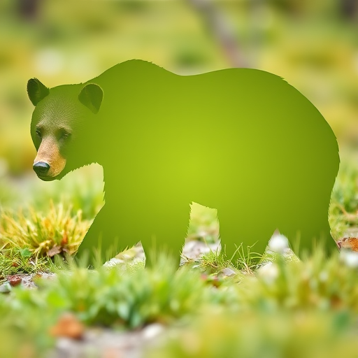 Create a high-resolution image of a simple outline of a bear in a natural setting, using a DSLR camera with a 50mm lens, f/1.8 aperture, ISO 100, and a shallow depth of field for a soft background, shot from a low angle to emphasize the bear's stature.