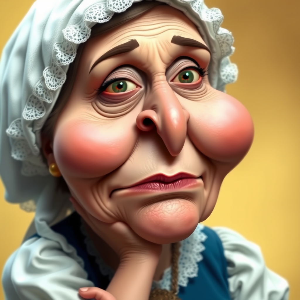 The image is a caricature of a woman with exaggerated features. She is wearing a white bonnet with lace trim and a white blouse with a blue bodice. She is leaning her chin on her hand with a bored or tired expression. Her lips are full and pouty, her cheeks are round and puffy, and her eyes are wide and slightly crossed. Her nose is long and thin, and her brows are furrowed. She is wearing a necklace with a large, ornate pendant. The background is a soft, blurry yellow. The overall effect is humorous and slightly grotesque.