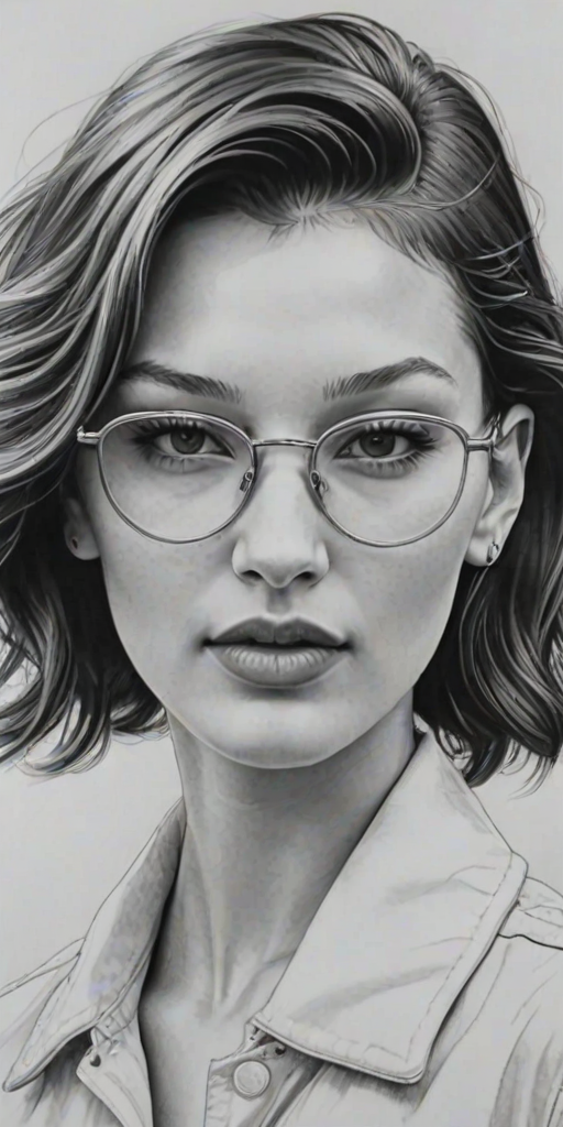 Graceful Bella Hadid, pencil sketch, portrait of Delightful woman 1953s in glasses, hair style beatnik, outline, clear lines, fine lines, 8k