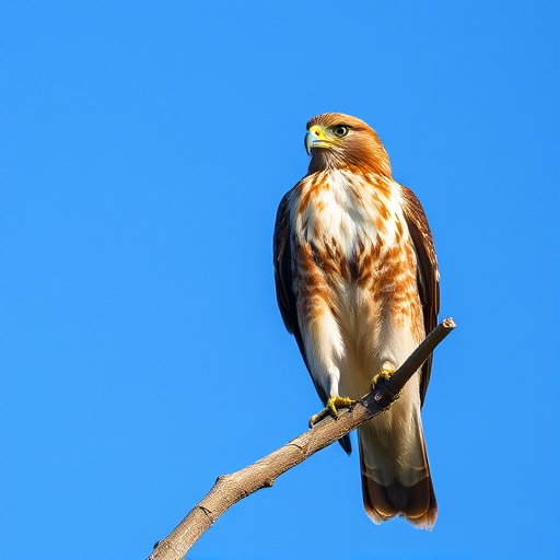 Capture a high-resolution image of a hawk perched on a branch against a clear blue sky, using a DSLR camera with a 200mm lens, aperture set to f/5.6, shutter speed at 1/500s, ISO 400, shot at eye level with natural lighting for vibrant colors and sharp details.
