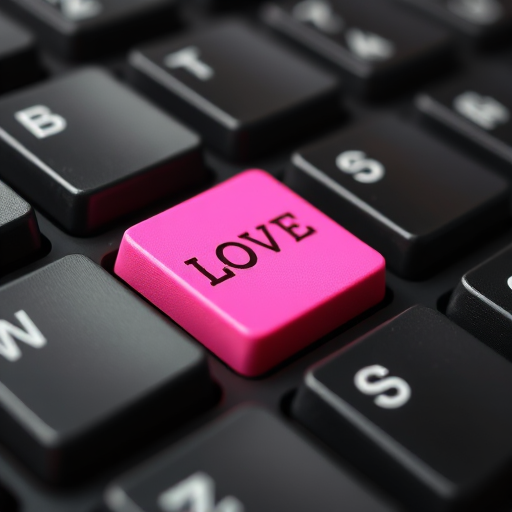close-up of a black computer keyboard with a large pink key labeled LOVE featuring a heart icon, macro lens, f/2.8 aperture, ISO 100, 50mm focal length, natural light, soft shadows, focus on key texture