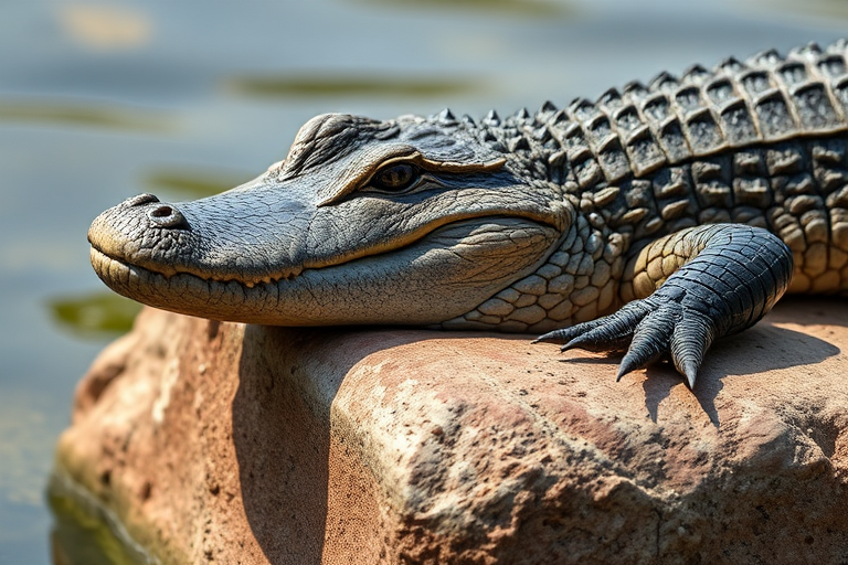 regenerate a close-up image of a crocodile resting on a rock, use a Canon EOS R5 camera, 50mm lens, aperture f/2.8, ISO 100, shutter speed 1/125s, natural lighting for enhanced detail and texture.