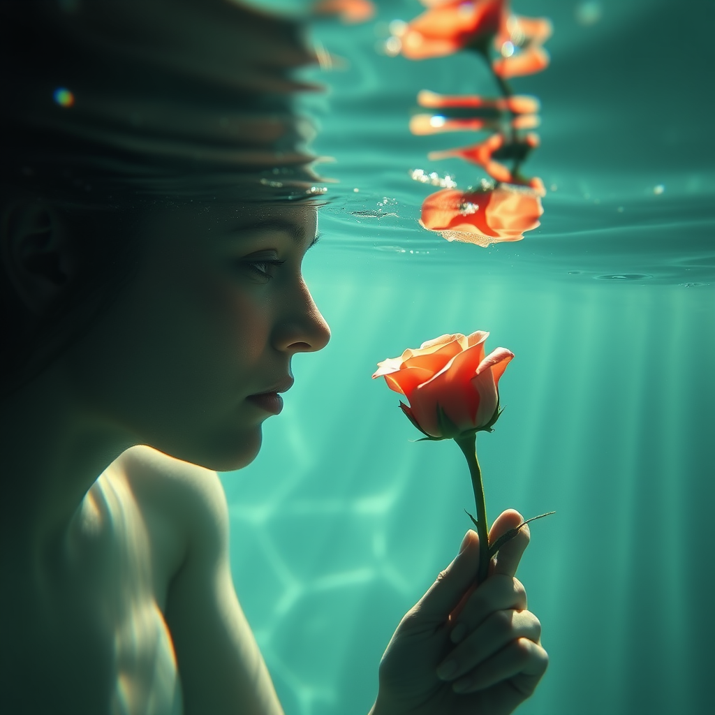 A woman underwater, gazing at a rose Her face is reflected in the water's surface The scene is illuminated by sunlight filtering through the water The atmosphere is serene and contemplative
