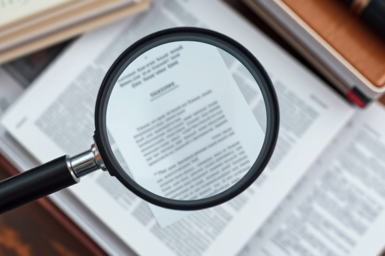 create a high-resolution vector image of a magnifying glass focusing on various documents and books in an abstract style, use a DSLR camera with a 50mm lens at f/1.8, ISO 100, 1/200s shutter speed, top-down view with a soft focus background for depth.
