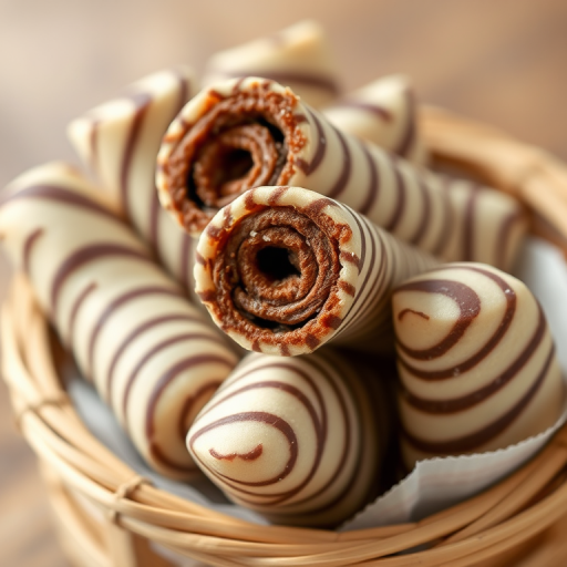 capture a close-up of chocolate striped wafer rolls in a bamboo container, using a Canon EOS R5, 50mm f/1.2 lens, aperture f/2.8, ISO 100, shutter speed 1/100 sec, natural soft light to enhance texture and detail