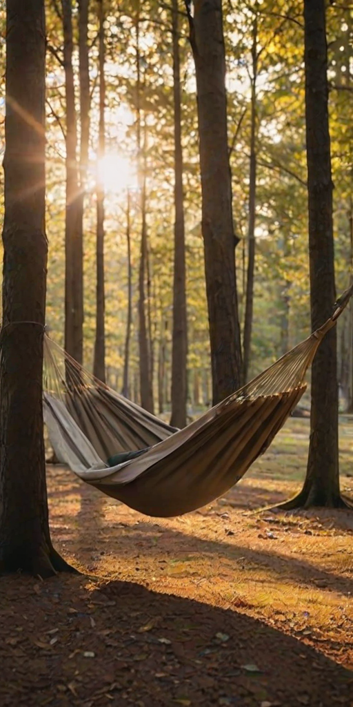 Soft-focus image of a hammock swaying between two trees in a quiet forest at sunset, with soft golden light filtering through the leaves and casting long shadows on the ground.