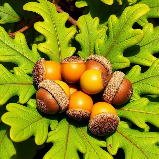 Create a detailed, high-resolution illustration of a cluster of acorns nestled among vibrant green oak leaves, using a Canon EOS R5 with a 50mm f/1.2 lens, aperture set to f/4 for enhanced depth of field, shot at 1/200 second shutter speed in natural lighting to capture rich colors and textures.