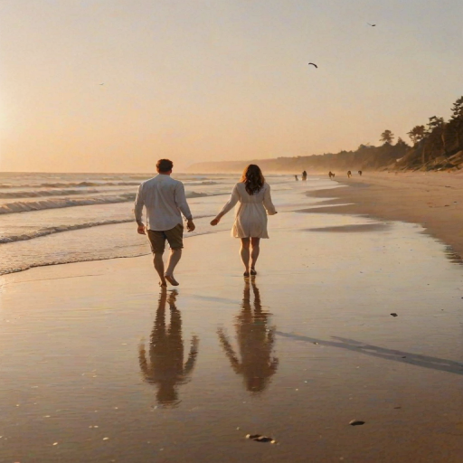 Blurry, candid shot of a couple walking along a beach at sunset, hand in hand, soft waves gently crashing on the shore, distant seagulls flying overhead, the golden light of the setting sun reflecting off the water, footprints trailing behind them in the wet sand.