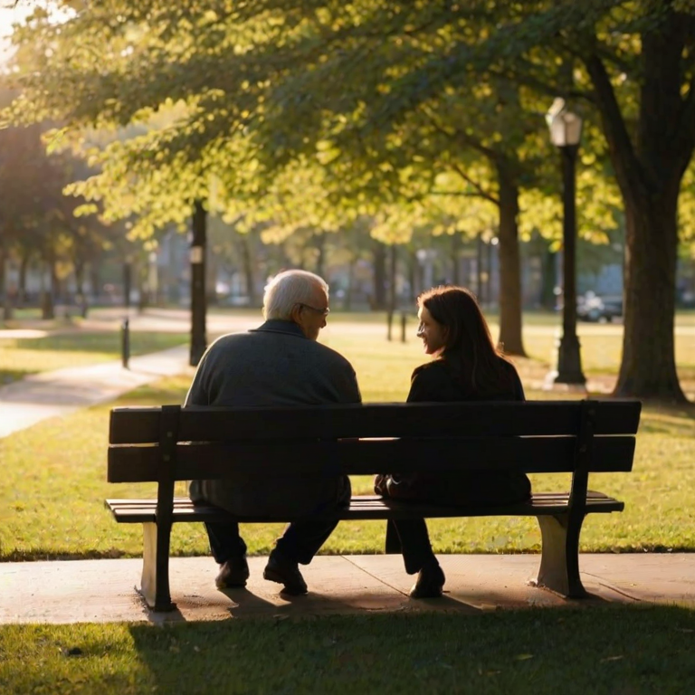 Blurry, candid shot of a couple sharing a quiet moment on a park bench, soft light from the setting sun casting long shadows, distant trees swaying gently in the breeze, and a feeling of peaceful connection.