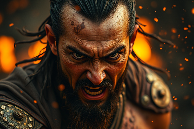 regenerate the image of a fierce warrior with dirt and sweat on their face, surrounded by flying embers in a dramatic lighting setting, captured with a Canon EOS R5, 50mm lens, f/1.8, ISO 400, using a low angle perspective and high dynamic range for enhanced detail and contrast