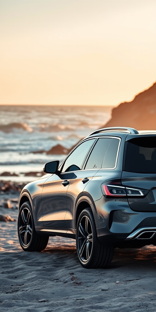 A sleek SUV parked on a beach with rocky terrain and waves in the background, captured in natural light during golden hour, using a DSLR camera at f/8 aperture, 1/200s shutter speed, ISO 100, 24mm wide-angle lens, high dynamic range to enhance colors and details.
