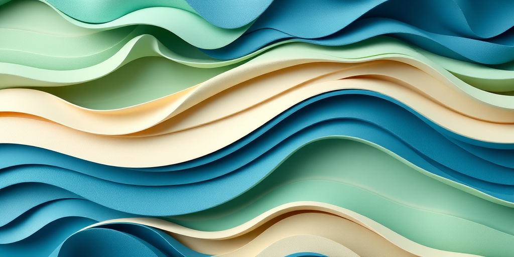 Create a digital artwork featuring layered wavy patterns in varying shades of blue, green, and beige, captured with a high-resolution camera at a 50mm lens, f/8 aperture, ISO 100, in natural light with a soft focus background to enhance depth and texture.