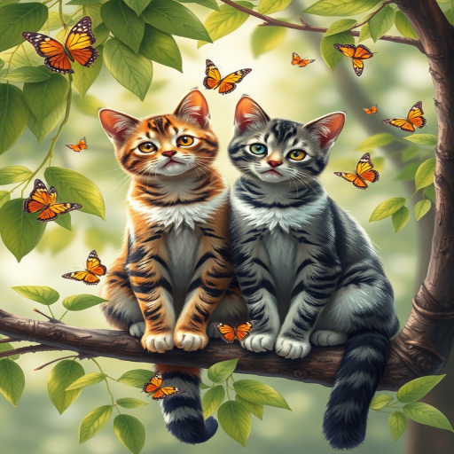 Create a detailed illustration of two cats sitting on a branch with vibrant green leaves and butterflies around them, using a Canon EOS R5 with a 50mm f/1.2 lens, aperture set to f/2.8, ISO 100, and a soft-focus background for enhanced depth and clarity.