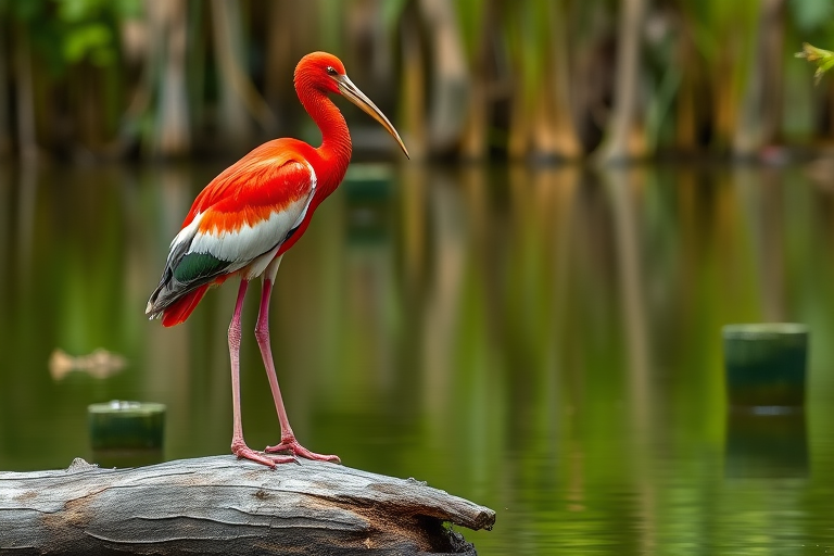 A vibrant scarlet ibis standing on a log by a serene pond, captured with a DSLR camera at f/2.8 aperture, ISO 200, 1/1000s shutter speed, with a shallow depth of field to enhance the background blur and focus on the bird, taken from a low angle to emphasize its stature.