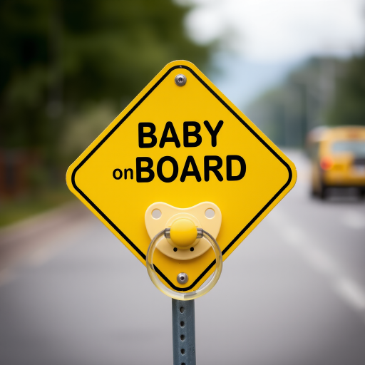 Create a high-resolution warning sign featuring a yellow diamond shape with the text "BABY on BOARD" in bold black letters, centered above a cartoonish pacifier, captured using a DSLR camera with a 50mm lens at f/1.8 aperture, ISO 200, and a shallow depth of field for a crisp foreground and blurred background.