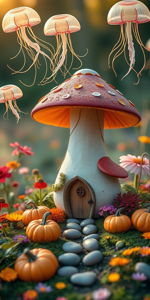 Create a whimsical fairy tale mushroom house surrounded by vibrant flowers, pumpkins, and whimsical jellyfish floating overhead, captured with a DSLR camera, 50mm lens, f/1.8 aperture, ISO 200, golden hour lighting, soft focus background.