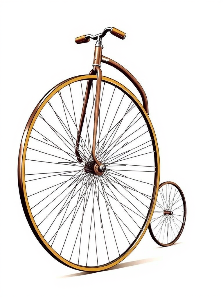 Create a detailed illustration of a vintage penny-farthing bicycle with a large front wheel and smaller rear wheel, featuring intricate spoke designs, set against a soft gradient background, using a DSLR camera with a 50mm lens at f/2.8, ISO 200, 1/125s, shot in clear daylight from a side angle to enhance contrast and detail.