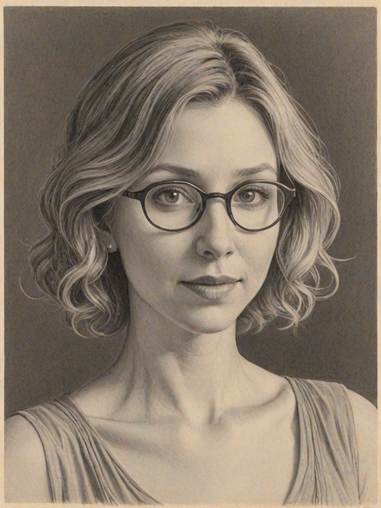 Fetching Sarah Chalke, pencil sketch, portrait of Elegant woman 1926s in glasses, hair style beatnik, outline, clear lines, fine lines, 8k