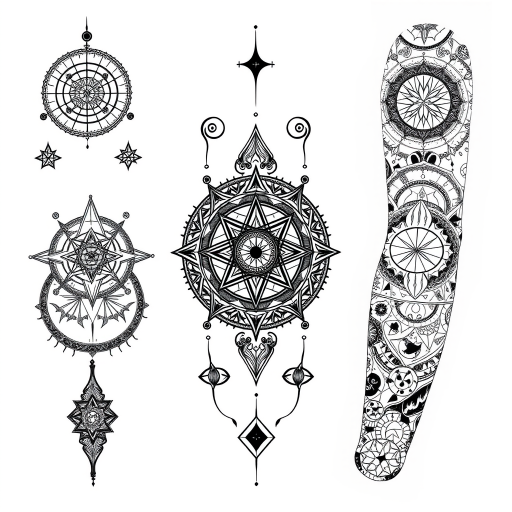 Intricate blackwork tattoo sleeve featuring sacred geometry patterns and mystical symbols intertwined with celestial elements in stark black ink with precise linework and dotwork shading