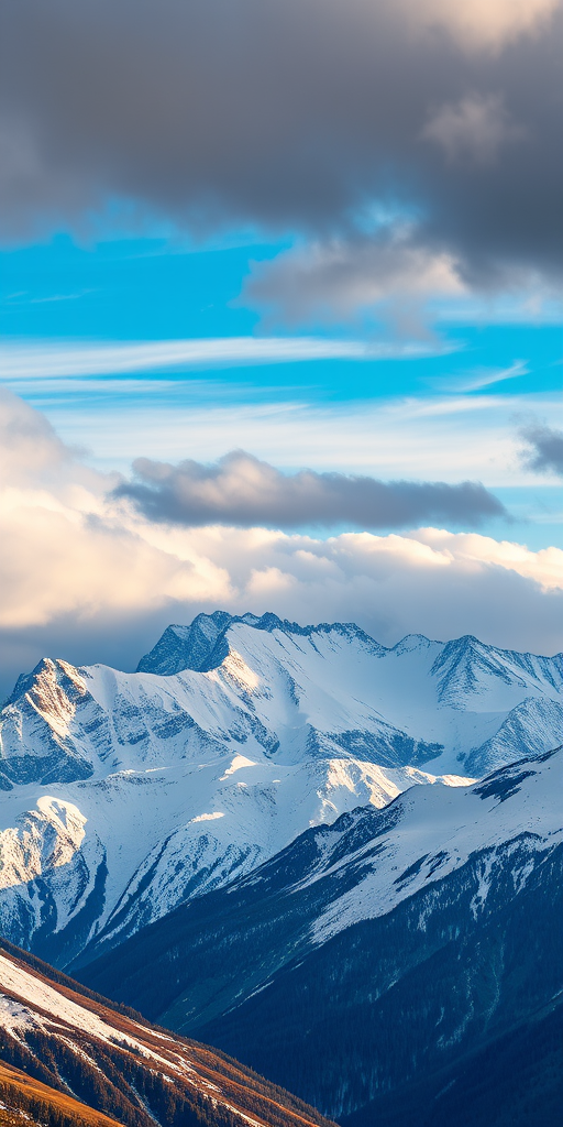 high-resolution landscape of snow-capped mountains under a dramatic sky with clouds, shot in RAW format, focal length 24mm, aperture f/11, ISO 100, using a DSLR camera with a wide-angle lens, capturing vibrant colors and sharp details