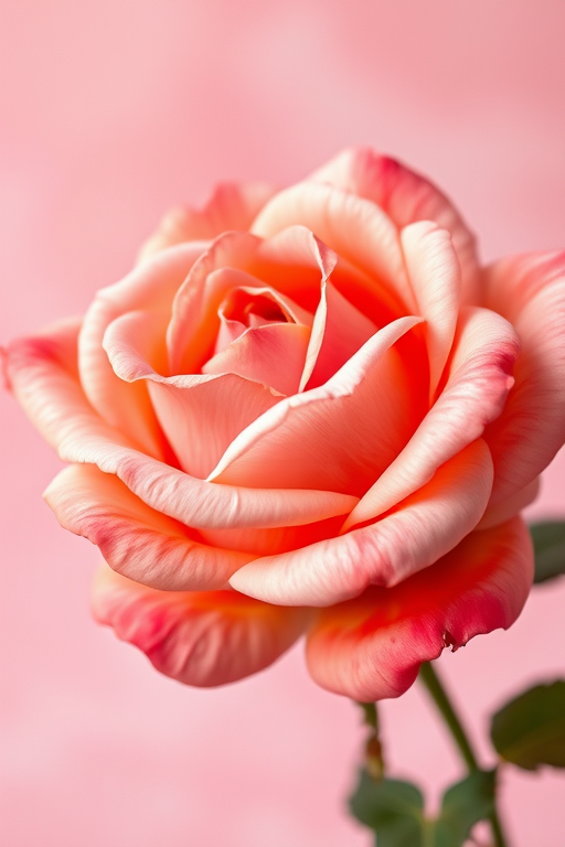 regenerate an image of a single large rose with soft pink and orange petals against a pastel background, enhance the colors and details, use a DSLR camera with a 50mm lens, aperture f/1.8 for a shallow depth of field, capture in natural light, apply a painterly style for a vibrant and soft texture