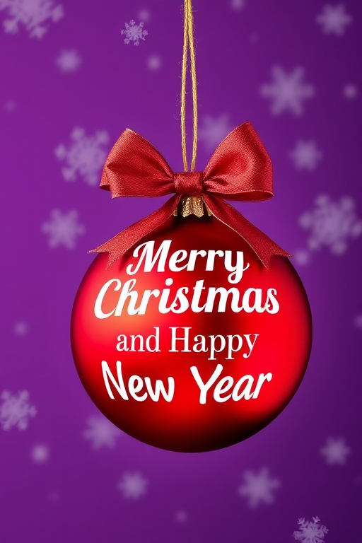 Create a high-resolution image of a Christmas ornament with a bow, featuring the text "Merry Christmas and a Happy New Year" in white on a purple background with snowflakes, using a DSLR camera with a 50mm lens, f/2.8 aperture, ISO 100, and natural lighting for a sharp and vibrant effect.