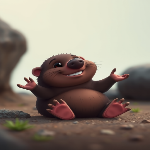 Create a high-resolution cartoon-style image of a mole sitting sideways, showcasing its claws and smiling, using a Canon EOS R5 at f/8, ISO 200, 50mm lens, shot from a slightly low angle to emphasize its features with soft diffused lighting.