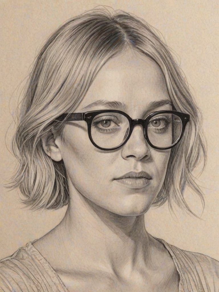 Stunning Chloe Sevigny, pencil sketch, portrait of Graceful woman 1976s in glasses, hair style beatnik, outline, clear lines, fine lines, 8k