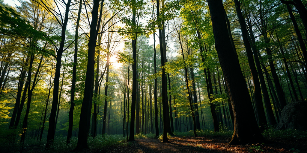 Generate a high-resolution image of a tranquil forest scene with soft sunlight filtering through the trees, using a DSLR camera with a 50mm lens, aperture set to f/2.8, ISO 100, shot at a low angle to capture the depth of the forest.
