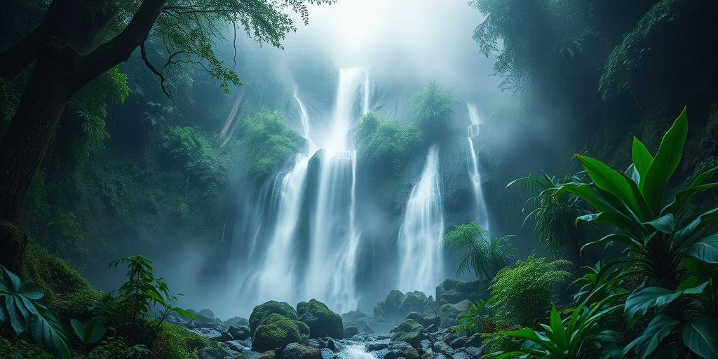 lush jungle waterfall scene with mist, high dynamic range, f/8 aperture, ISO 100, 1/125 sec exposure, wide-angle lens, low angle view, shot with a full-frame DSLR camera