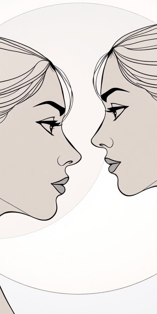 Create an abstract line art image of two faces in profile against large overlapping circles, using a Canon EOS R5 camera with a 50mm f/1.2 lens, aperture set to f/1.4, ISO 100, shot from a low angle for dramatic effect, in soft natural lighting to enhance the smooth contours and shadows.